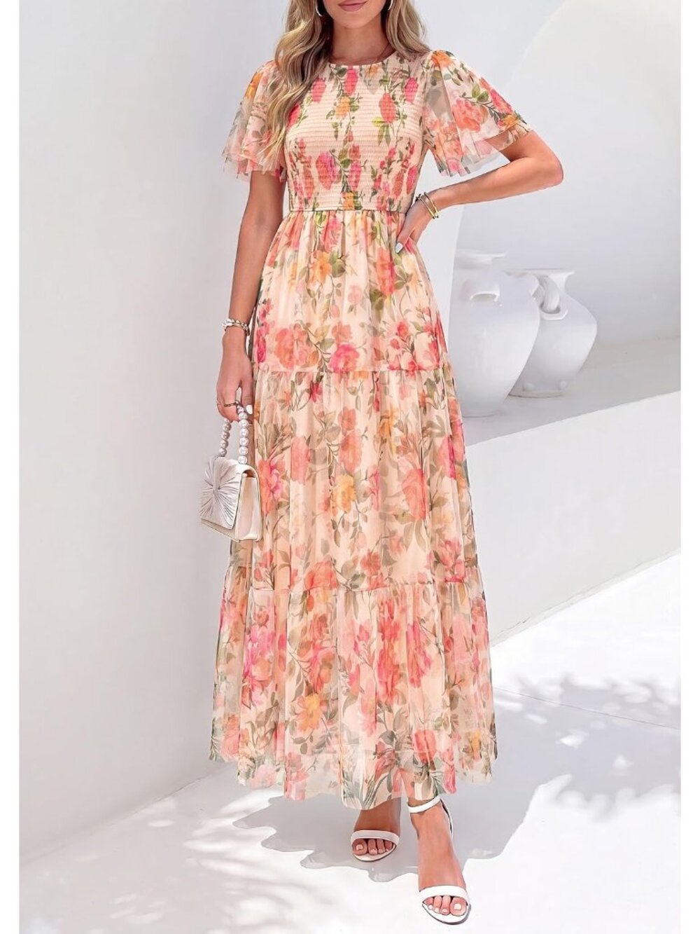 〽️Apricot Floral Boho Maxi Dress Women’s Flutter Sleeve Smocked Tiered Gown - Picture 3 of 6